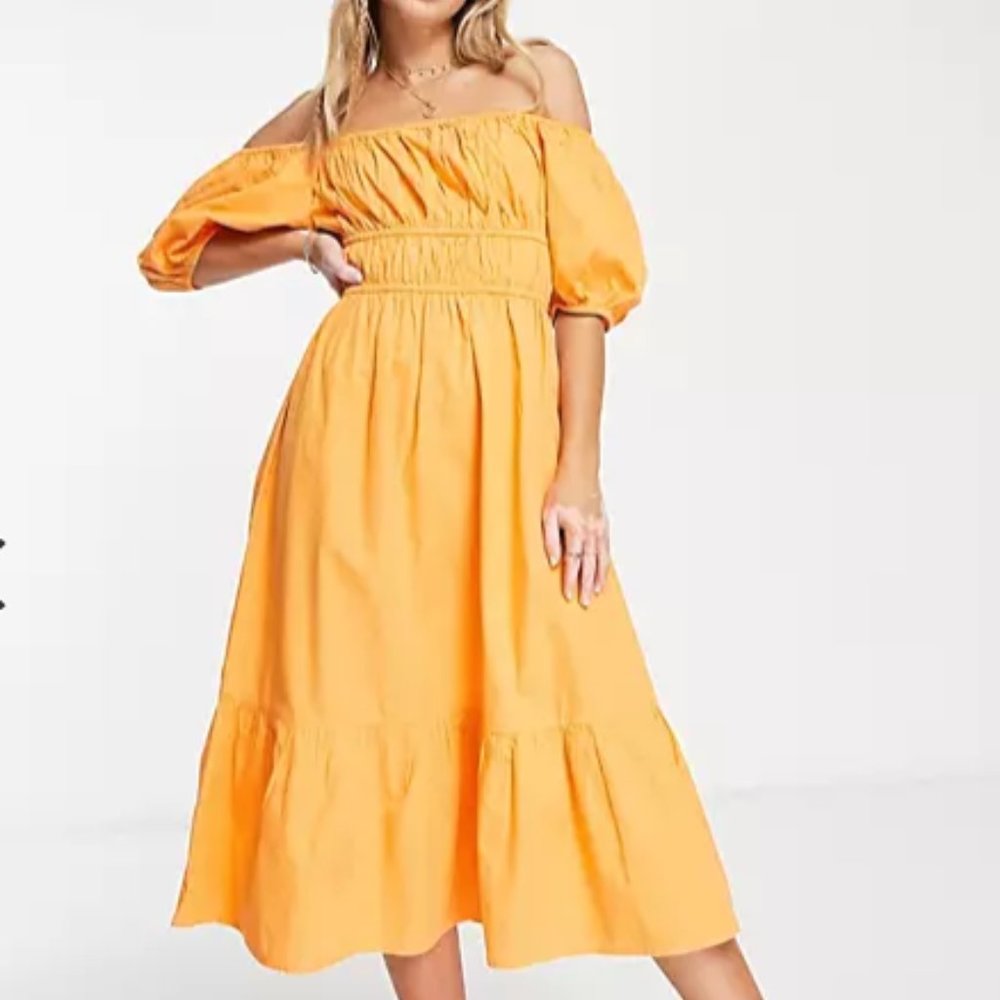 Influence cotton poplin puff sleeve midi dress in orange